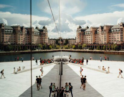 people gathering outside building