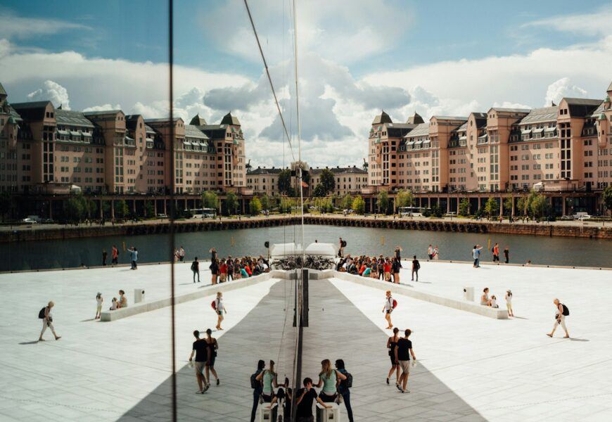 people gathering outside building