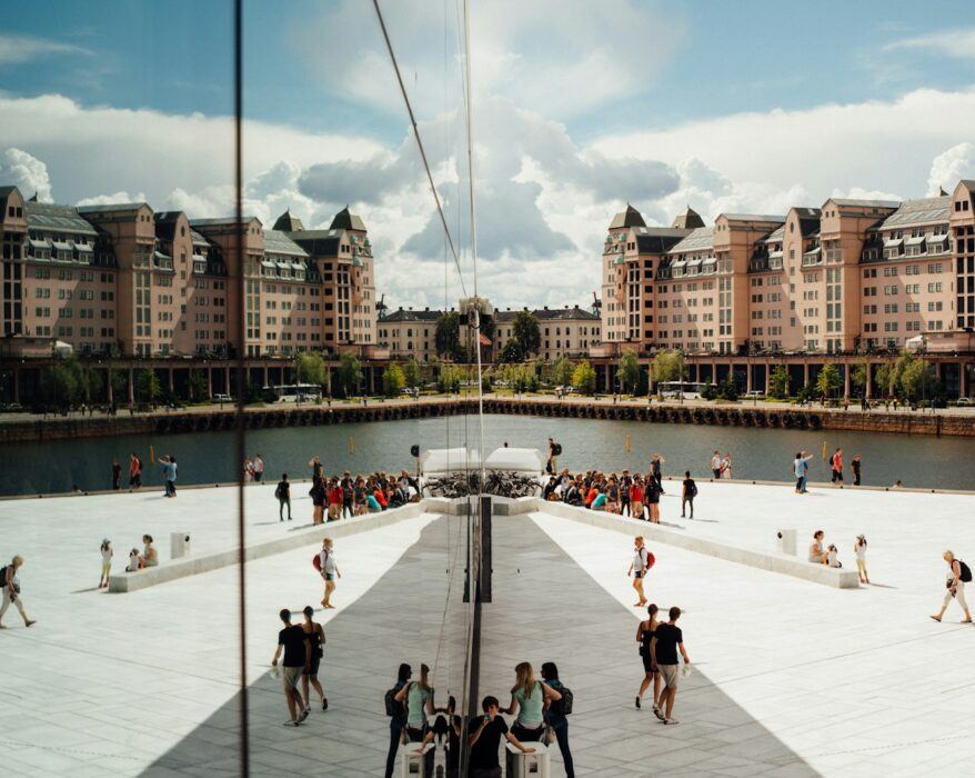 people gathering outside building