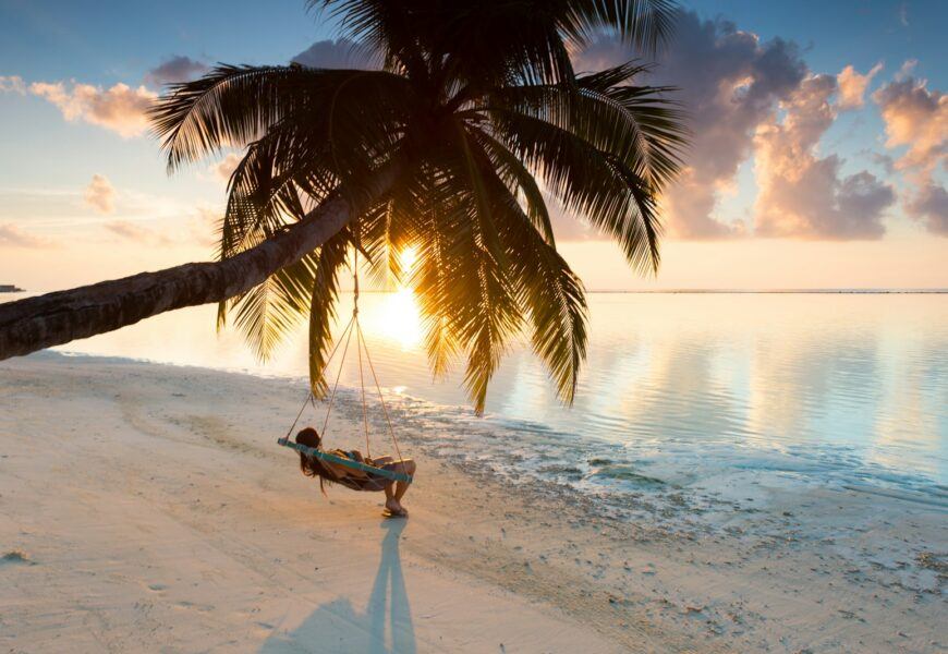 person swinging on hammock hanged on coconut tree near sea